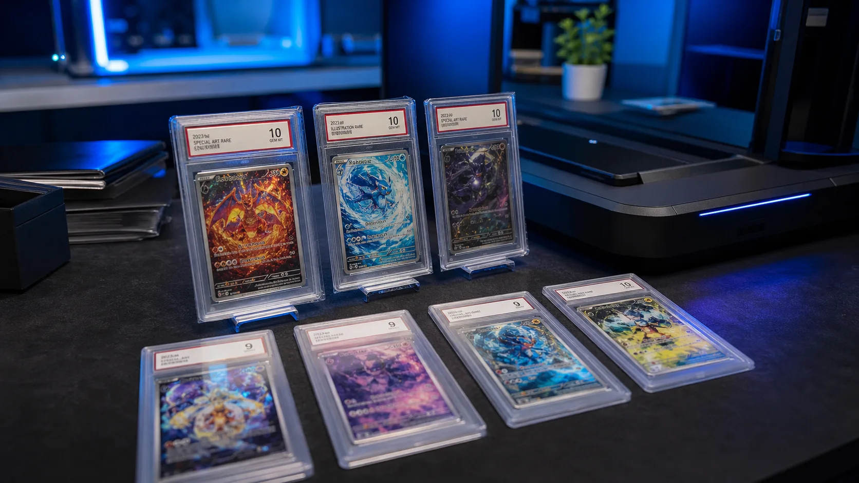 Collection of graded Pokémon cards in protective slabs