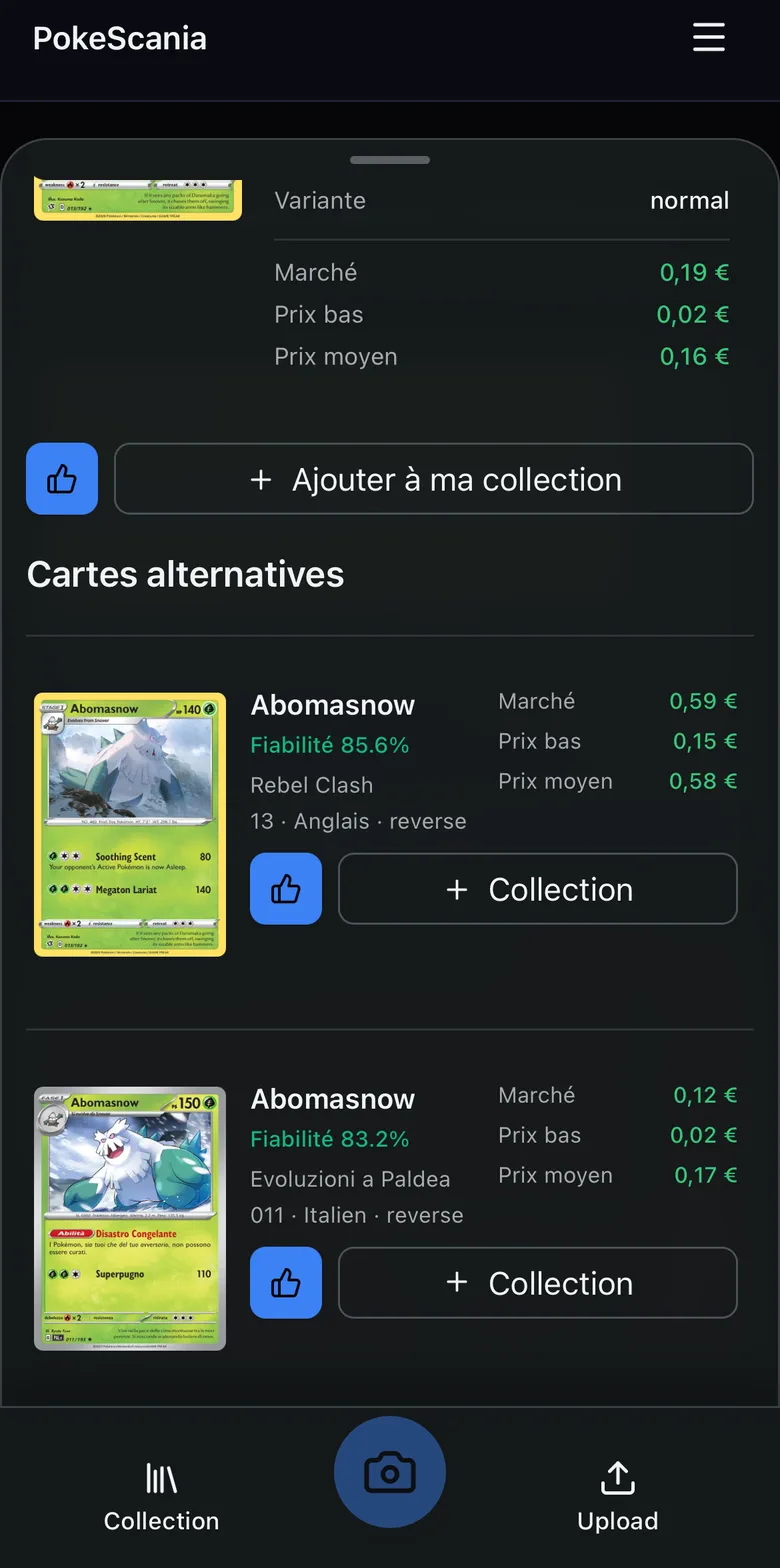 Cartes alternatives PokeScania avec série et prix du marché