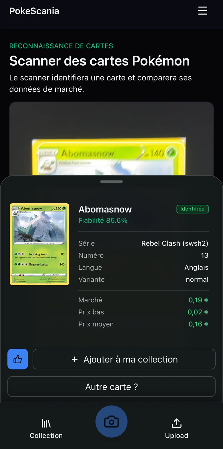 Résultat d’identification d’une carte Pokémon dans PokeScania